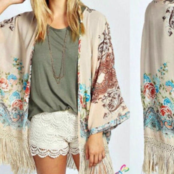Kimono Flower vintage look cardigan  kimono fringe - Picture 2 of 3