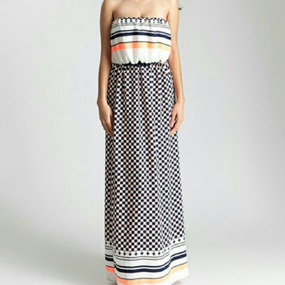 Ivory Abstract Checkerboard Strapless Maxi Dress