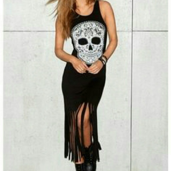 BW SKULL PRINT FRINGE RACERBACK MAXI DRESS