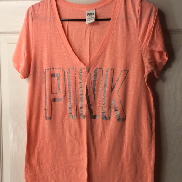 PINK peach v neck tee with silver