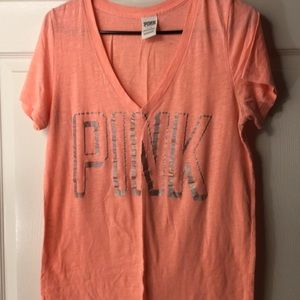 PINK peach v neck tee with silver