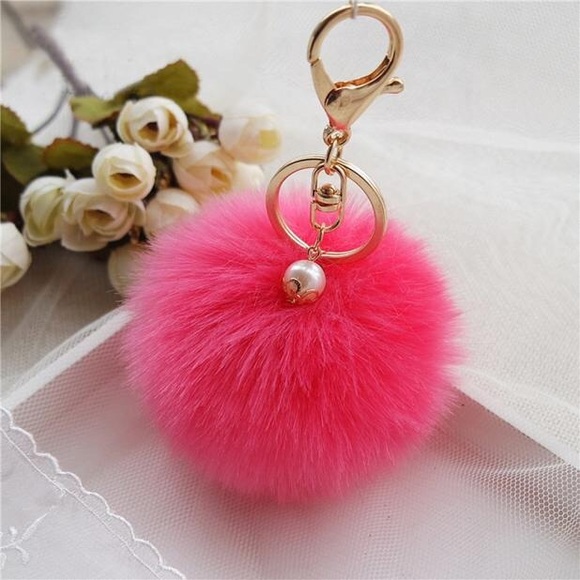Brand new furry ball w/ pearl keychain (rose red)