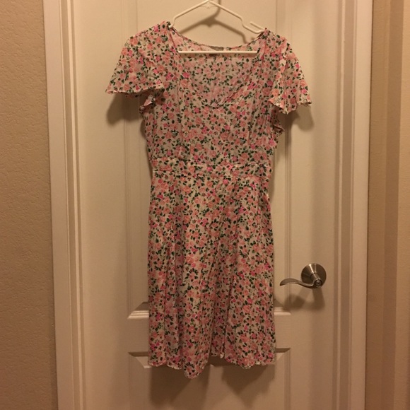 White and Pink Rose Floral Dress with Capsleeves