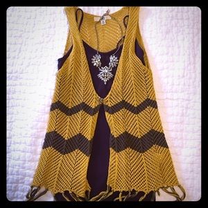 Purple and gold, crochet, fringe, sleeveless vest!