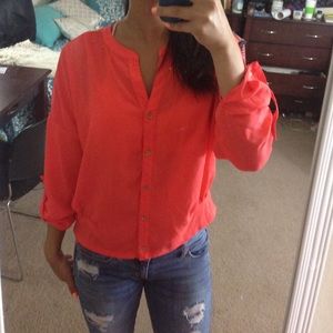 Neon salmon colored button down
