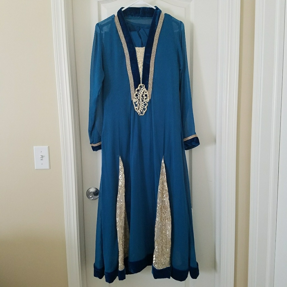 Peacock blue velvet lined Pakistani Indian suit