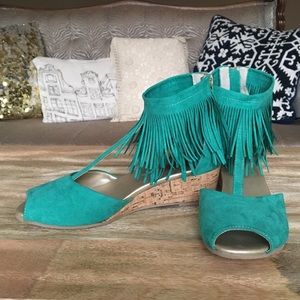 Teal Joyfolie fringe sandals