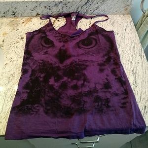 Purple cotton racerback tank top with owl graphic