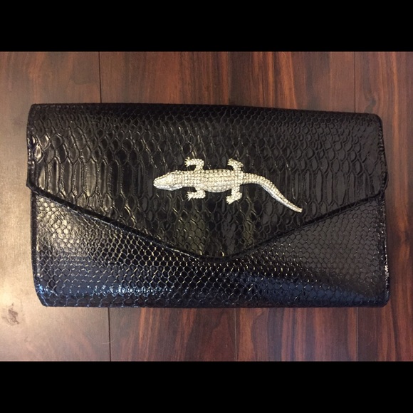 Large Black Clutch W/ Rhinestone Alligator