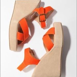 UrbanOutfitters Orange suede platform wedges 7.5