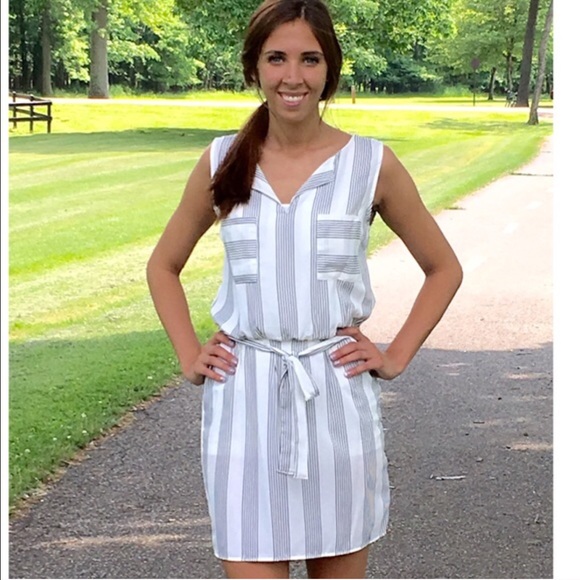 SOLD Black & White Striped Shirt Dress - Picture 2 of 3