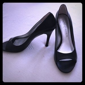 Black leather peep toe high heels