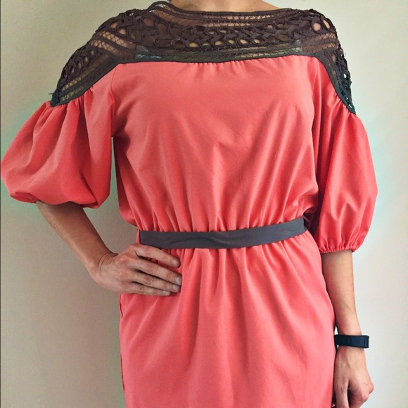 Esley Coral Summer Dress w/ Crochet Collar Detail