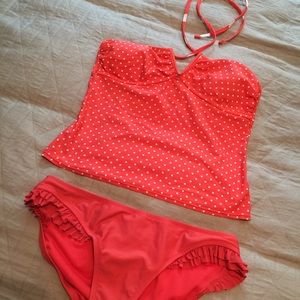 Coral and white polka dot tankini