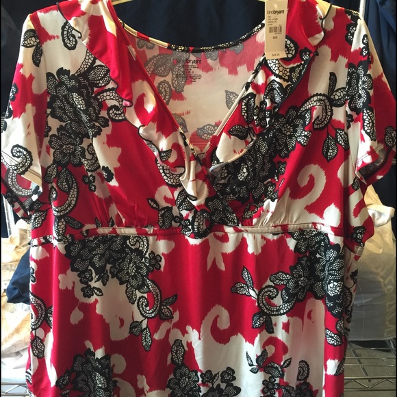 Empire cut red, white & black paisley top