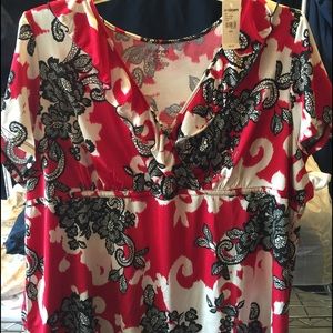 Empire cut red, white & black paisley top