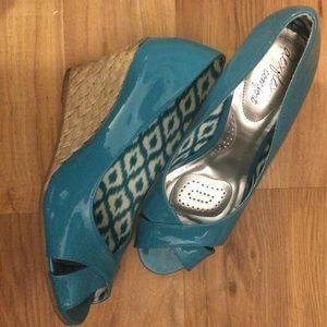Blue peep toe wedges