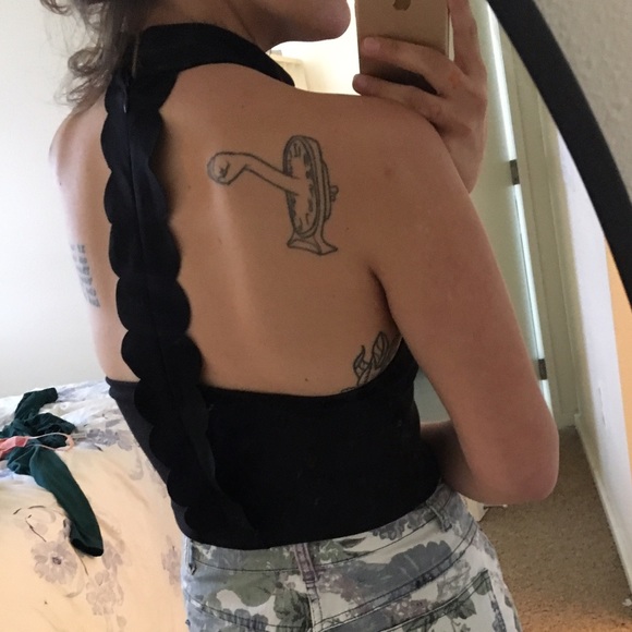 Black, high neck crop halter with detailed neck