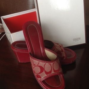 Red Coach "Charma Calf/C Logo" platform wedge.