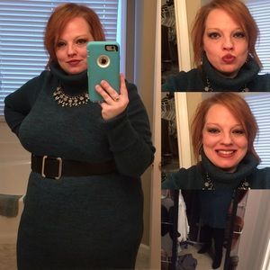 Green cowl neck sweater dress