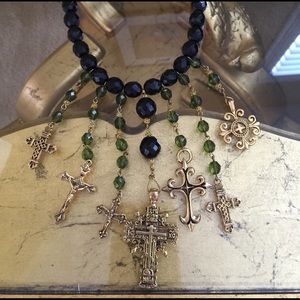 Multiple cross and crystal necklace