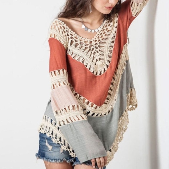 🆕 Boho Color Block Crochet Tunic - Picture 2 of 4