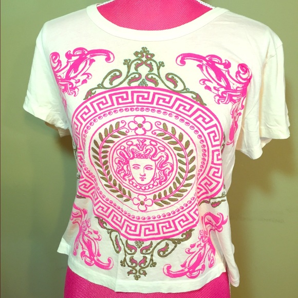 F21 H81 Graphic Crop Tee Sz M Pink & Gold Print