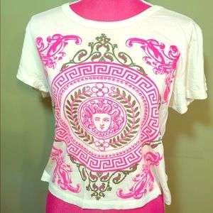 F21 H81 Graphic Crop Tee Sz M Pink & Gold Print