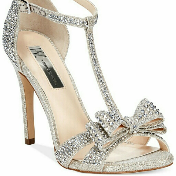 INC silver rhinestone heels with bow