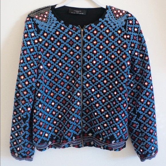 Zara embroidery studded geometric pattern jacket