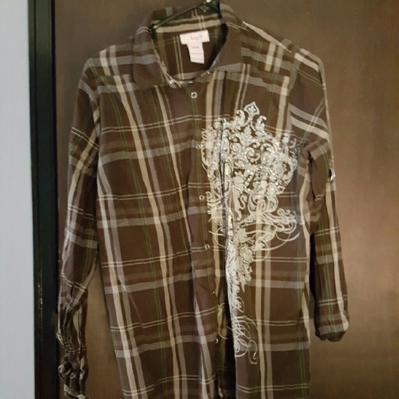 Loop 18 brown plaid design w/rhinestones button down shirt, 13/15. EUC.