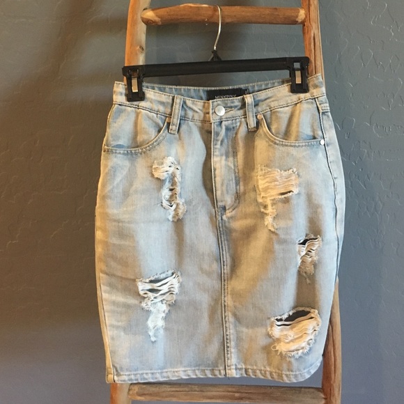MinkPink light wash/distressed denim pencil skirt