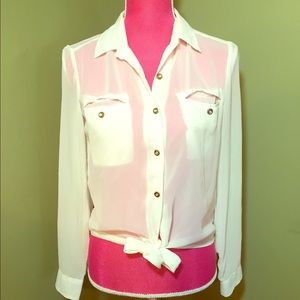 White Sheer Blouse Tie Up front Sz Sm
