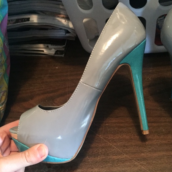 Silver and teal heels