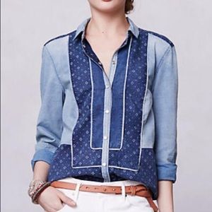 Patchwork chambray button down shirt