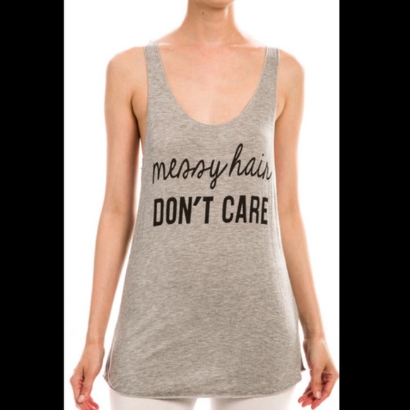 Gray/Grey Racerback Messy Hair Don't Care Tank - Picture 1 of 3
