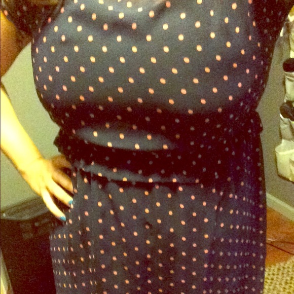 Navy blue dress with orange polka dots