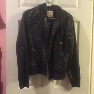 Black leather jacket with hood