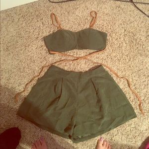 Two piece strappy olive green romper set