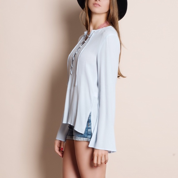 LOWEST PRICE Lace Up Bell Sleeve Blouse - Picture 2 of 4