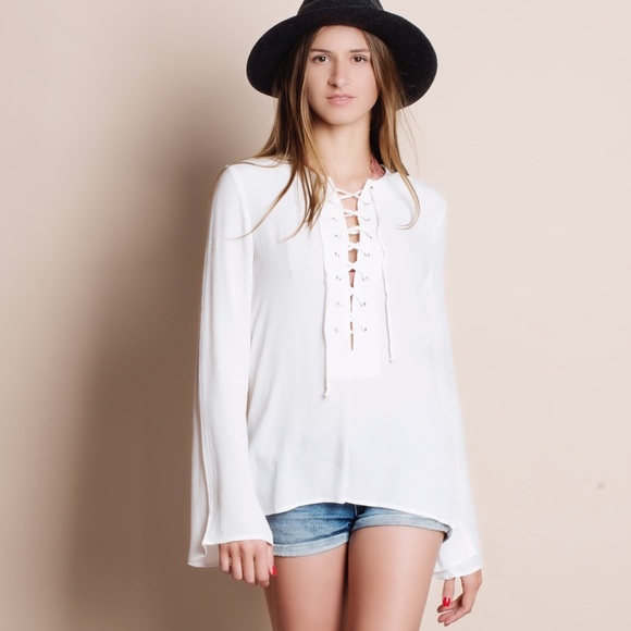 LOWEST PRICE Lace Up Bell Sleeve Blouse - Picture 4 of 4