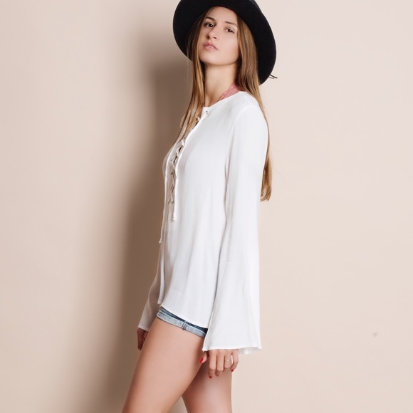 LOWEST PRICE Lace Up Bell Sleeve Blouse - Picture 2 of 4
