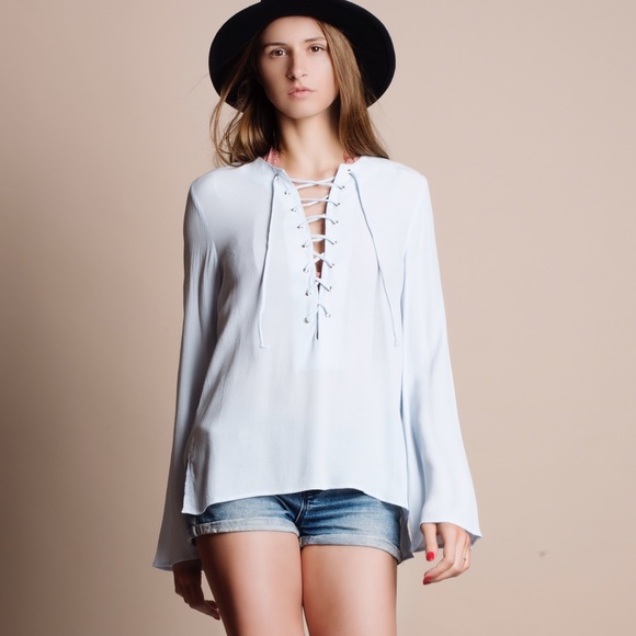 LOWEST PRICE Lace Up Bell Sleeve Blouse - Picture 4 of 4