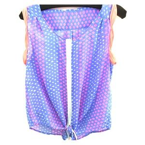 Sheer neon print tie front blouse - M