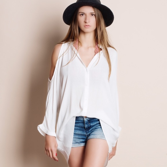 Cold Shoulder Button Up Collared Blouse - Picture 4 of 4