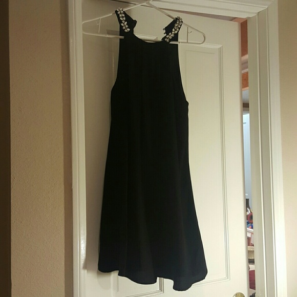 Jeweled Neckline Shiffon Black Dress