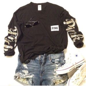 VS PINK Campus Long Sequin Sleeves Tee