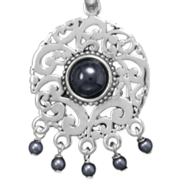 NEW! RHODIUM PLATED HEMATITE FAUX PEARL PENDANT