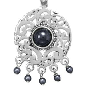 NEW! RHODIUM PLATED HEMATITE FAUX PEARL PENDANT