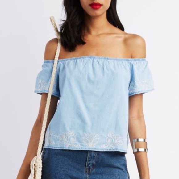 Chambray embroidered off the shoulder top